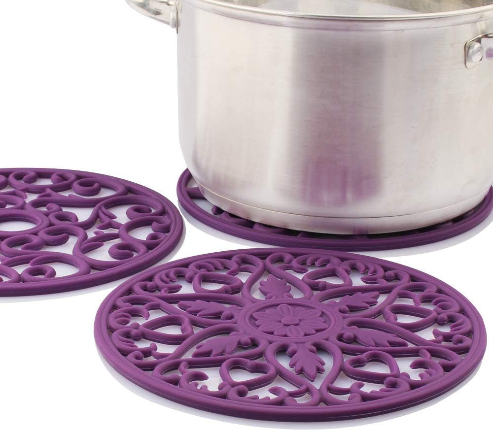 Trivets for Dishes/Pots/Pans, 3 Pcs Silicone Mats, Flexible/Durable/Non Slip Hot Pads to Protect Table and Counter Top (Purple)