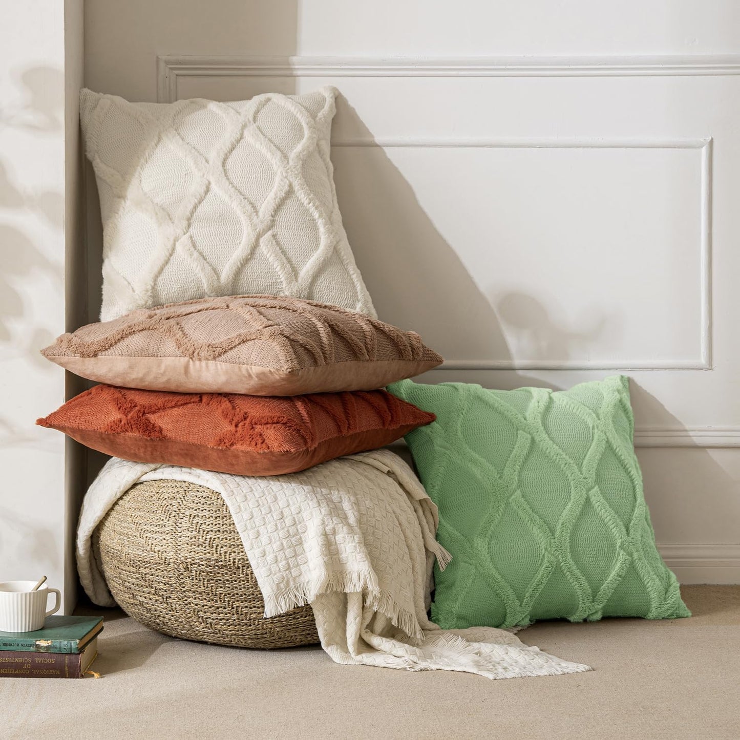 Spring Decorative Throw Pillow Covers Beige 18X18 Inch Set of 2, Soft Plush Faux Wool Couch Cushion Covers Farmhouse Throw Pillows for Couch Bed Sofa Living Room