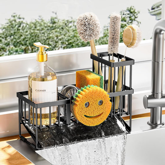 Sink Caddy with Smiley Face Sponge Holder, 304 Stainless Steel Rustproof(Black)