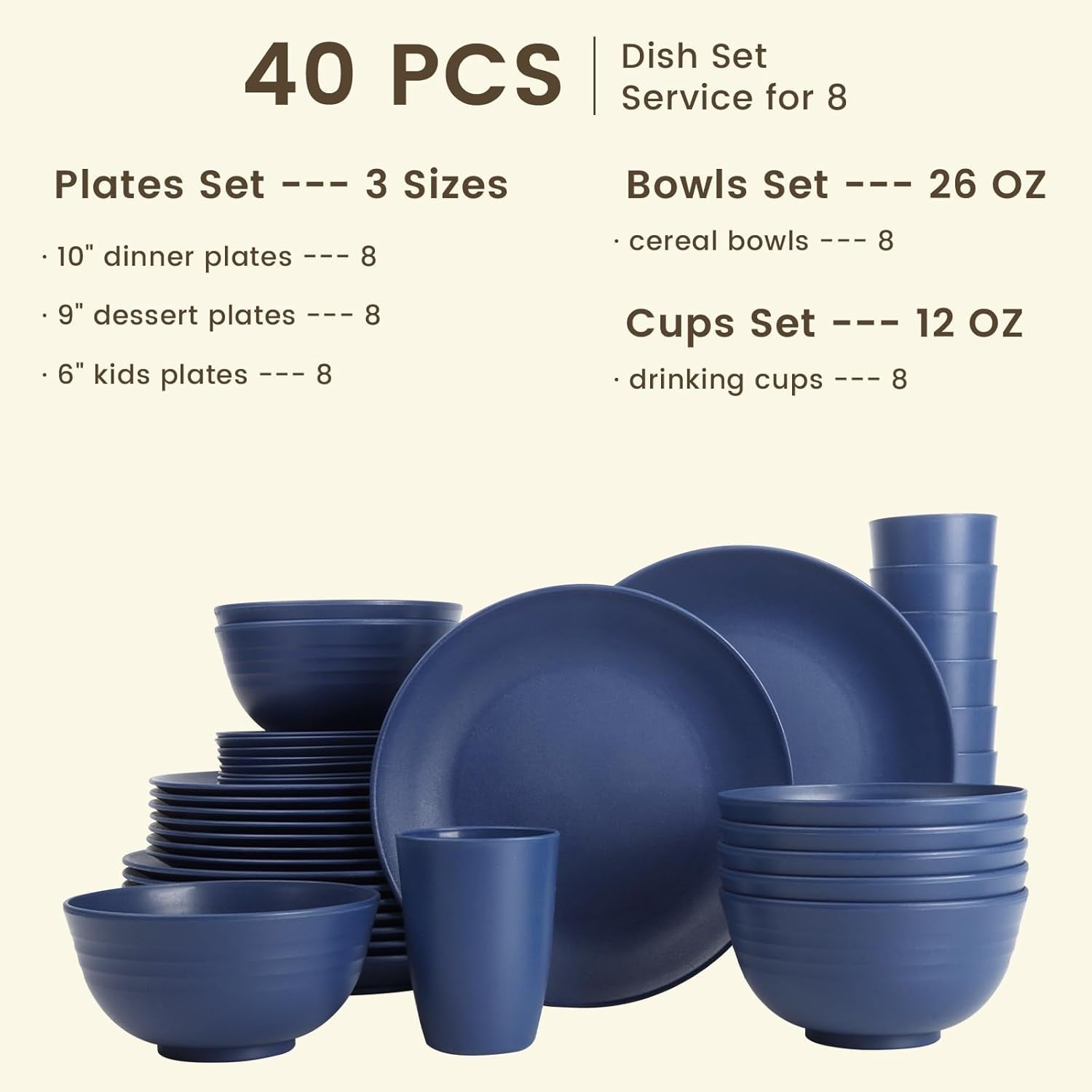 40-Piece Lightweight and Unbreakable Reusable Wheat Straw Dinnerware Set for 8, Microwave and Dishwasher Safe - Dark Blue