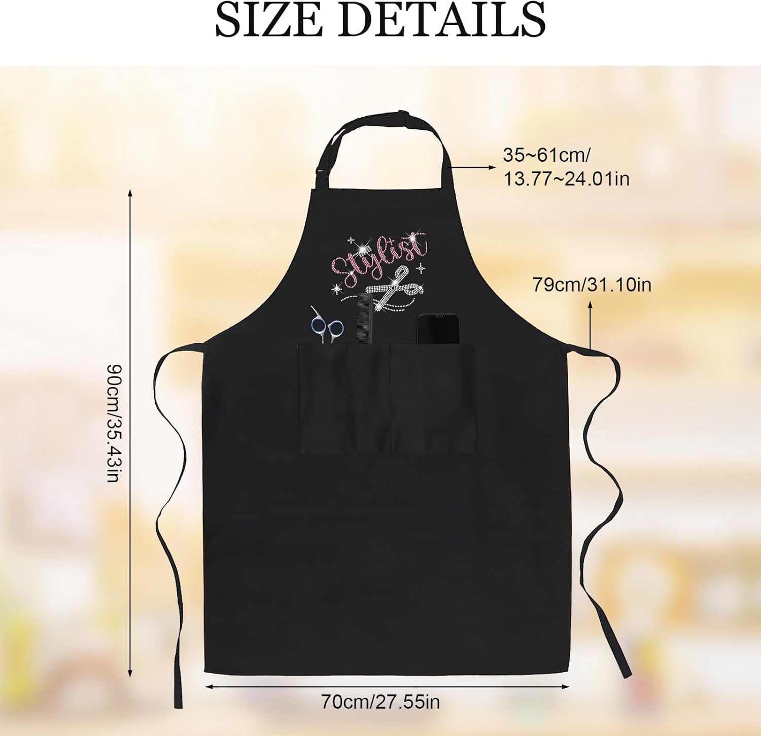 Auidy 6TXD 2Pcs Black Rhinestone Hair Stylist Apron, Classic Design with Three Pockets, Adjustable, Waterproof, Unisex-Adults