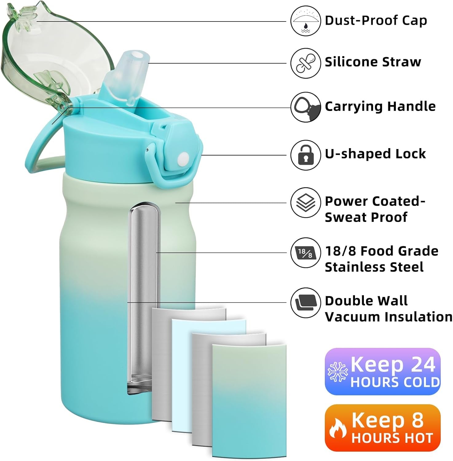 Water Bottle with Straw 14Oz Insulated Water Bottles Reusable Stainless Steel Metal Thermo with Leak Proof Lockable Lid and Carry Handle,Mint