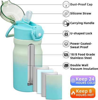Water Bottle with Straw 14Oz Insulated Water Bottles Reusable Stainless Steel Metal Thermo with Leak Proof Lockable Lid and Carry Handle,Mint