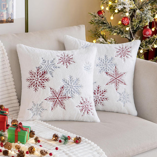 Pack of 2 Christmas Decorative Throw Pillow Covers Soft Faux Fur Pillow Cases with Embroidery Snowflake Winter Cute Pillowcases Holiday Decor for Couch Sofa Bedroom, 16×16 Inch, Burgundy