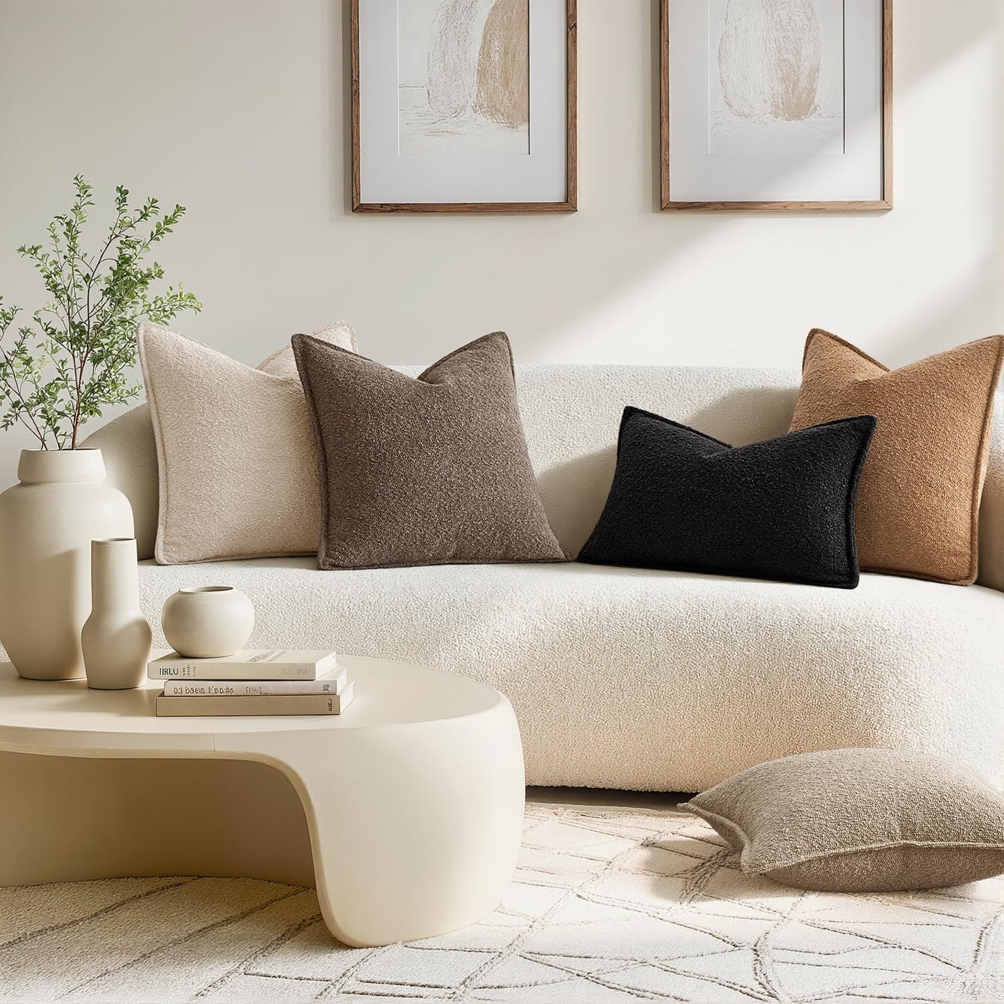 Pack of 2 Decorative Textured Boucle Throw Pillow Covers 12X20 Inch Black Broadside Thick Boho Lumbar Pillows for Farmhouse Accents Sofa Couch Bedroom Living Room Home Decor