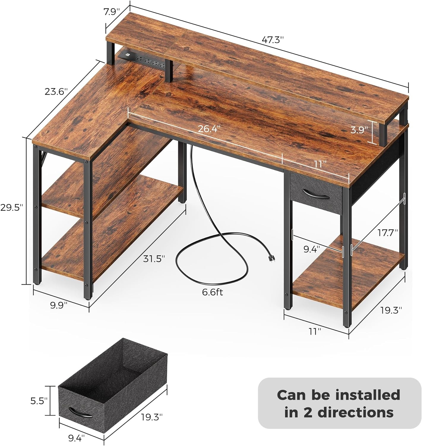 47-Inch Reversible L-Shaped Desk with LED Lighting and Power Outlets, Featuring Shelves, Monitor Stand, Drawer, and Rustic Brown Finish for Home Office and Gaming Use