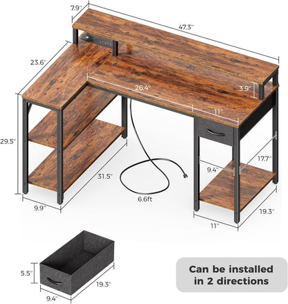 47-Inch Reversible L-Shaped Desk with LED Lighting and Power Outlets, Featuring Shelves, Monitor Stand, Drawer, and Rustic Brown Finish for Home Office and Gaming Use