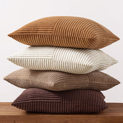 Brown Throw Pillow Covers 18X18 Inch Set of 4 Boho Farmhouse Cushion Cases Neutral Gradient Corduroy Pillow Cases with Invisible Zipper Patchwork Home Decor for Couch Sofa Bed