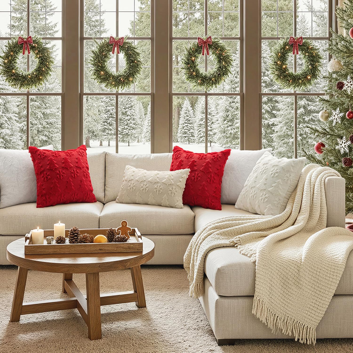 Christmas Throw Pillow Covers 18X18 Set of 2 Christmas Decorations Red Soft Plush Faux Fur Wool Xmas Tree Snowflakes Pillowcases Holiday Festivals Winter Home Decor Sofa Couch Bed Porch