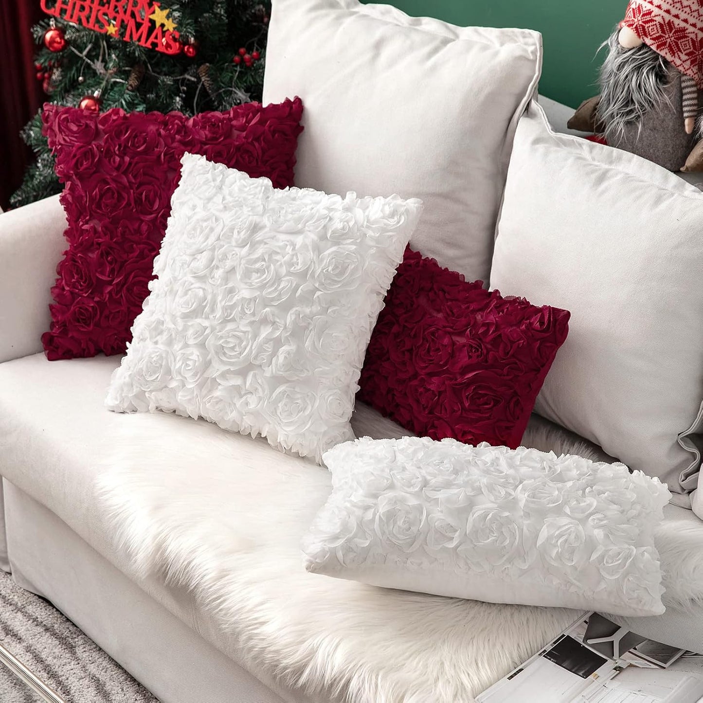 Pack of 2 3D Decorative Christmas Romantic Stereo Chiffon Rose Flower Pillow Covers Solid Square Festival Pillowcases for Valentines Day Sofa Bedroom Car 18X18 Inch Wine Red Wedding