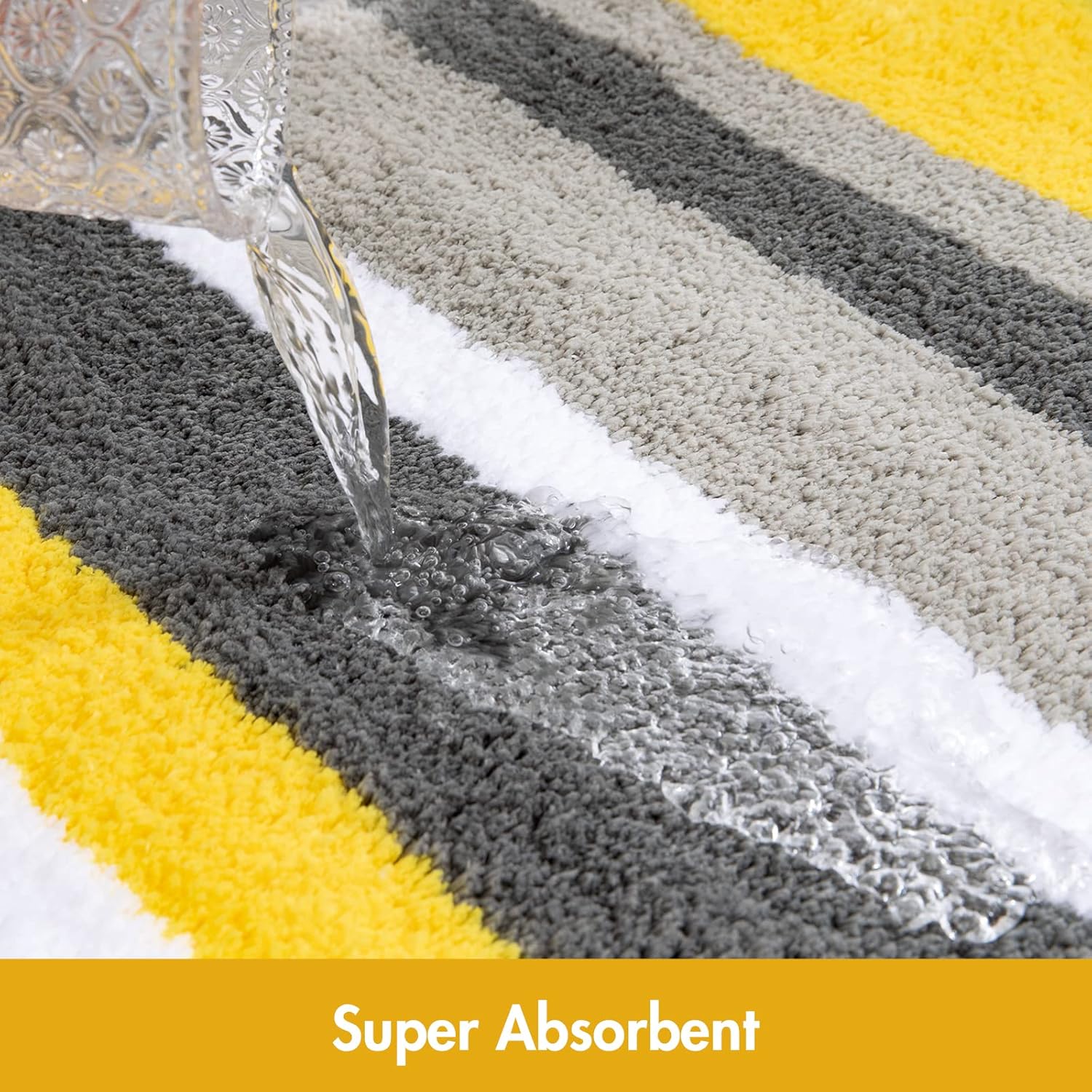 Fluffy Bathroom Rugs Bath Mats Rugs Microfiber Striped Shower Rug Absorbent, Soft and Plush Machine Washable Non Slip Carpet Quick Dry for Bathroom Floor Tub, 16X24 Inch, Yellow-Grey