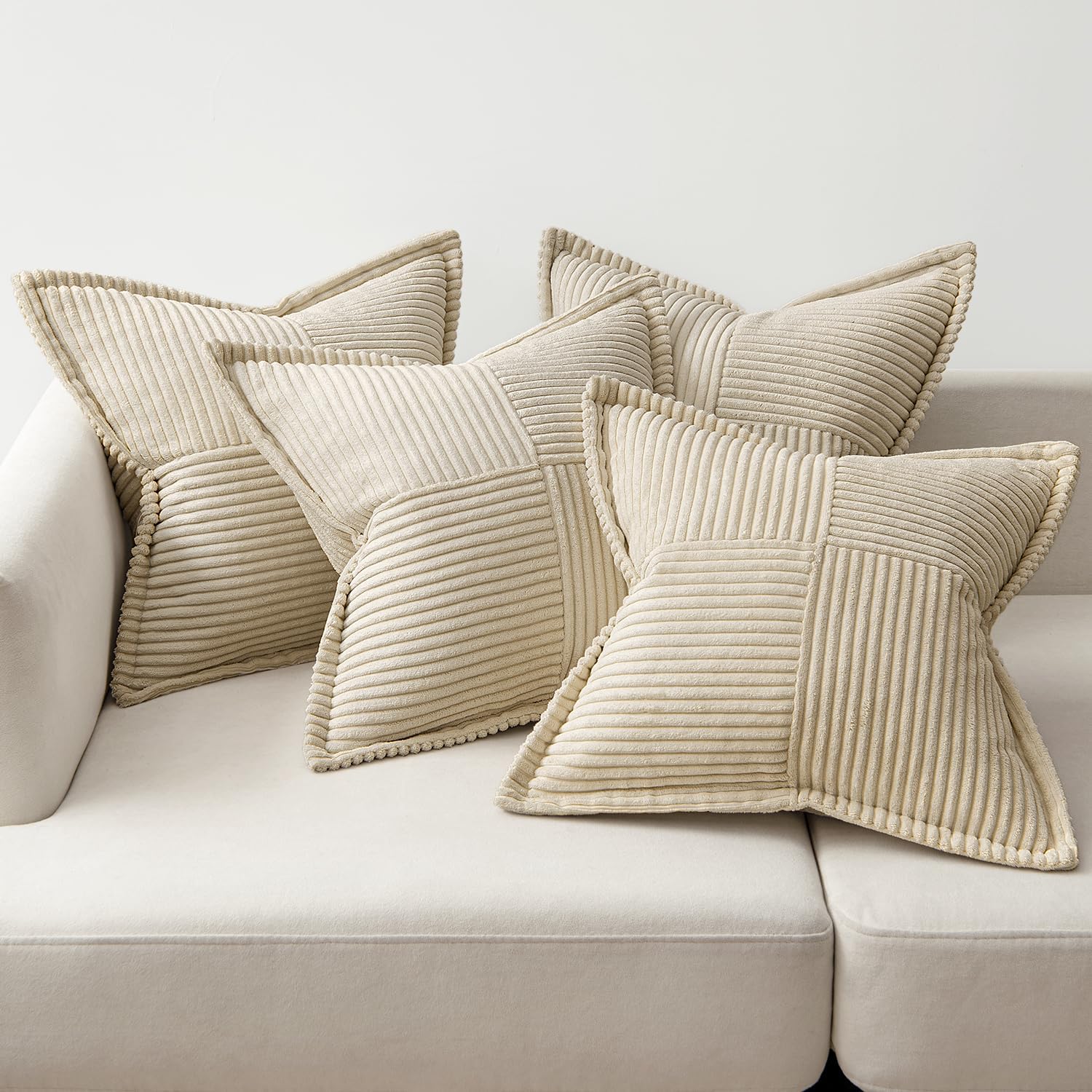 Beige Throw Pillow Covers 18X18 Inch 4 Packs Soft Boho Decorative Pillow Cases Accent Farmhouse Corduroy Patchwork Cushion Cases with Invisible Zipper for Couch Sofa Bed Home Decor