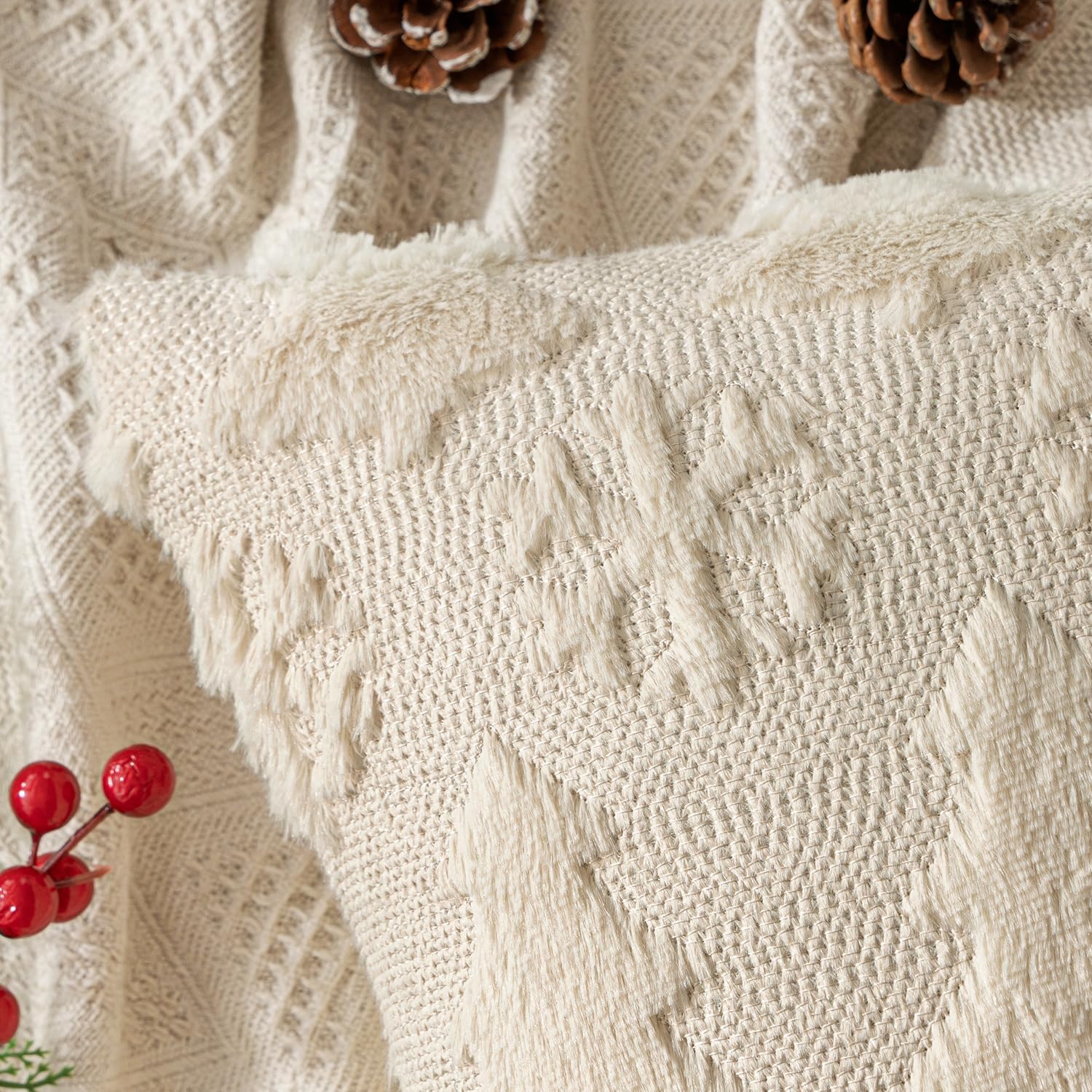 Christmas Throw Pillow Covers 18X18 Set of 2 Christmas Decorations Beige Soft Plush Faux Fur Wool Xmas Tree Snowflakes Pillowcases Holiday Festivals Winter Home Decor Sofa Couch Bed Porch