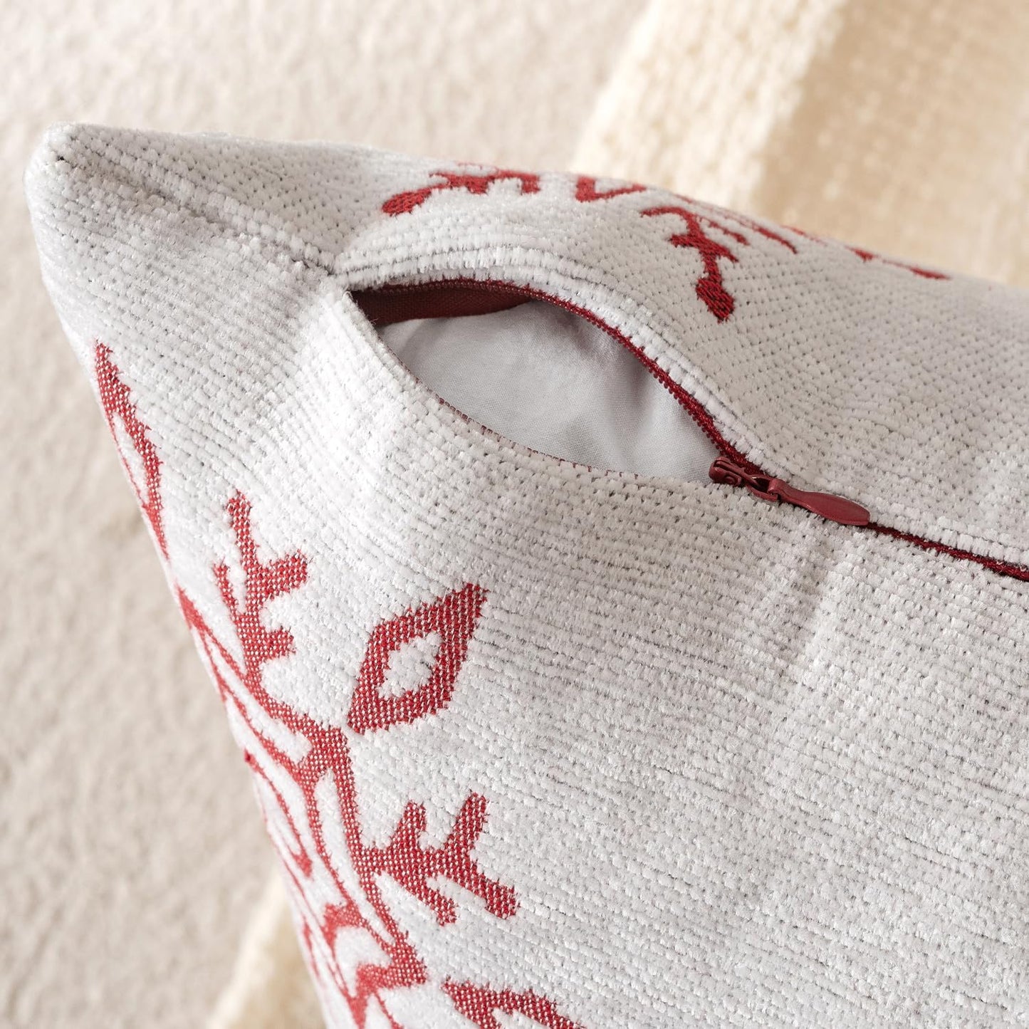 Christmas 2 Pack White and Red Chenille Throw Pillow Covers Soft Pillow Cases with Snowflake Embroidery Morden for Holiday Decoration Sofa Couch Bedroom Home Decor,18X18 Inch