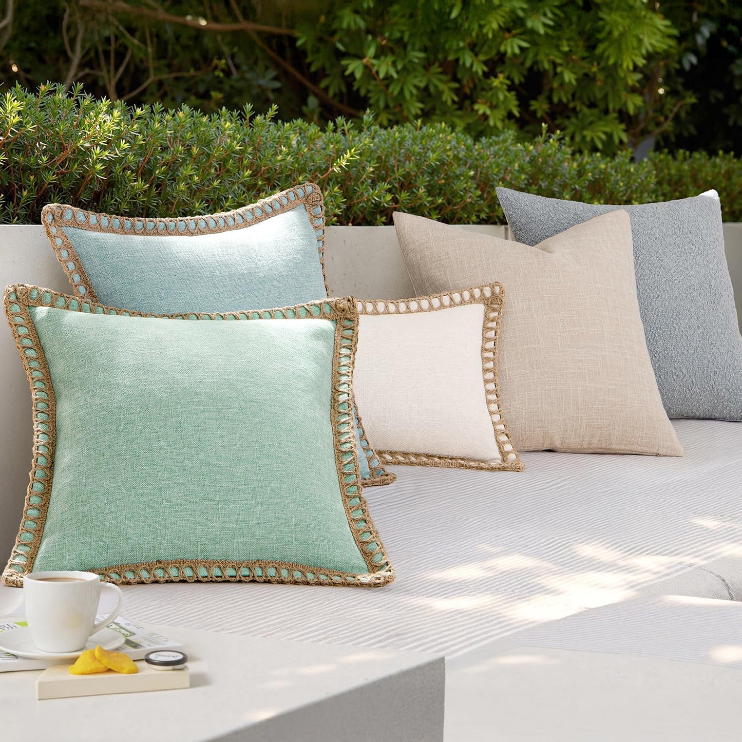 Pack of 2 Decorative Throw Pillow Covers Modern Farmhouse Outdoor Summer Pillow Covers Neutral Linen Burlap Pillowcases Cushions for Couch Bed Living Room Sofa, Light Blue 18 X 18 Inches