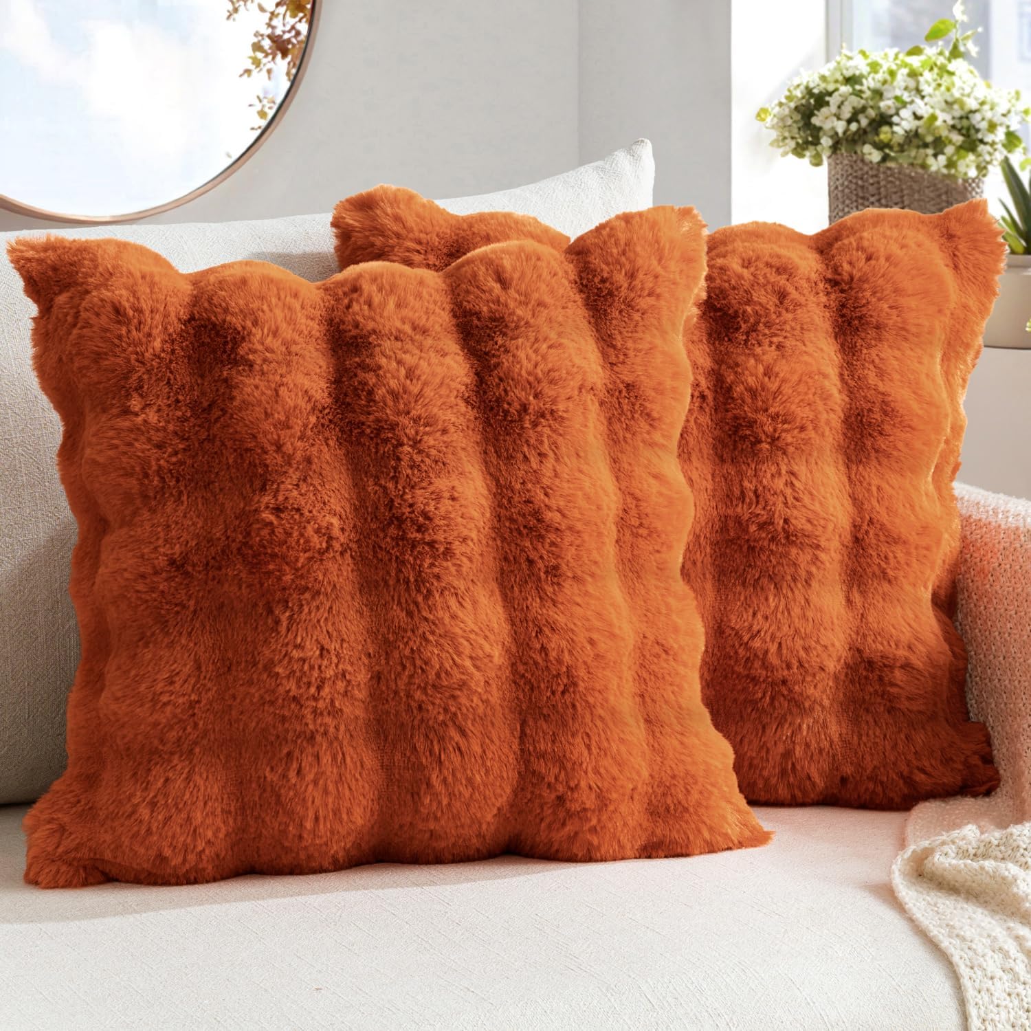 Pack of 2 Decorative Pillow Covers Fall Thick Soft Plush Faux Fur Throw Pillows Luxury Home Decor for Couch Bedroom Living Room Sofa,20X20 Inch Rust