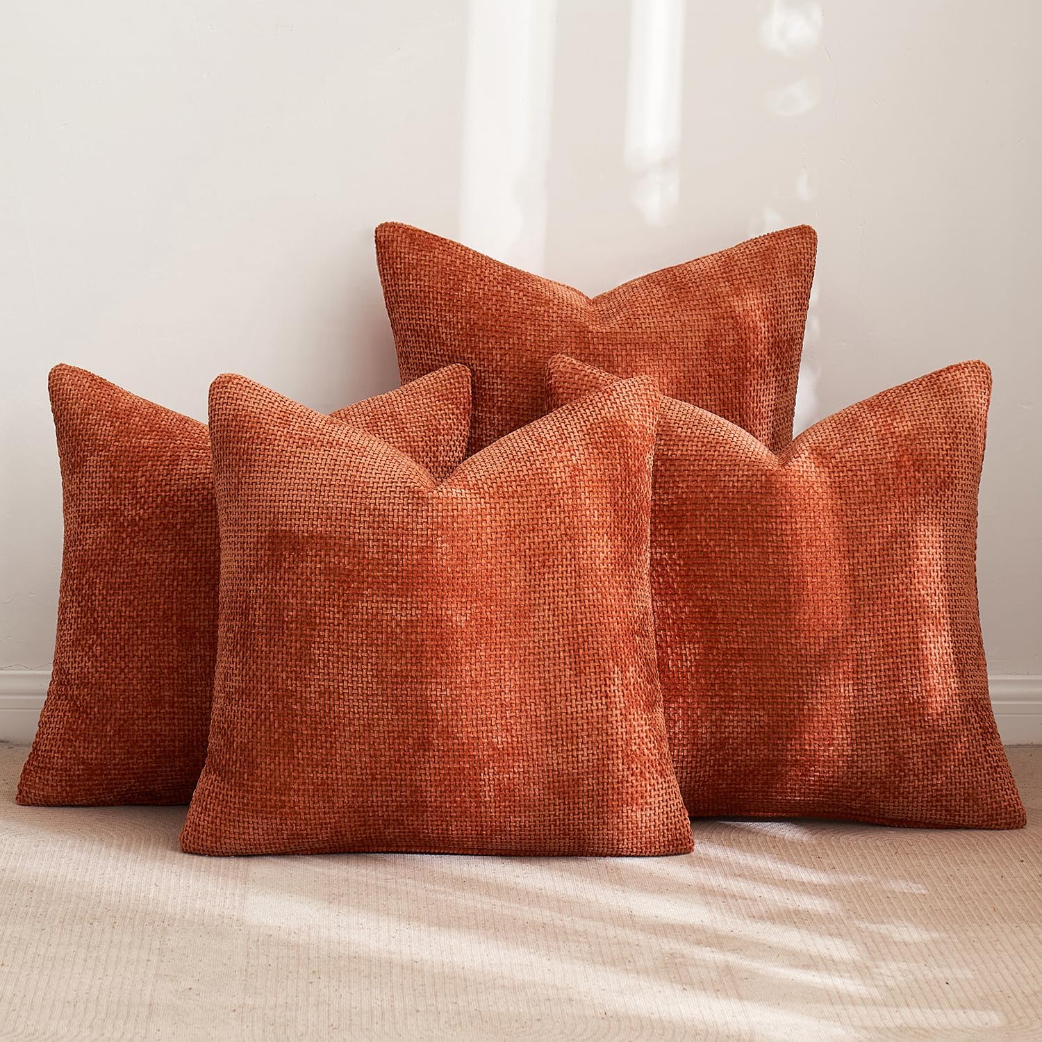 Fall Pack of 4 Couch Throw Pillow Covers 18X18 Inch Burnt Orange Soft Decorative Chenille Pillow Covers Farmhouse Accent Cushion Covers for Boho Home Decor Sofa Bedroom Living Room