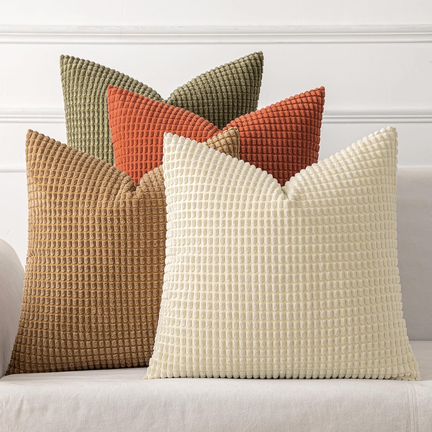 Modern Farmhouse Decorative Pillow Covers 18X18 Inch Set of 4 Natural Rustic Throw Pillows Neutral Warm Soft Corduroy Couch Pillowcases Home Decor for Sofa Living Room Bed Brown Green