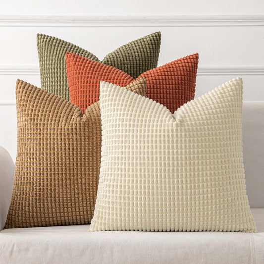 Modern Farmhouse Decorative Pillow Covers 18X18 Inch Set of 4 Natural Rustic Throw Pillows Neutral Warm Soft Corduroy Couch Pillowcases Home Decor for Sofa Living Room Bed Brown Green