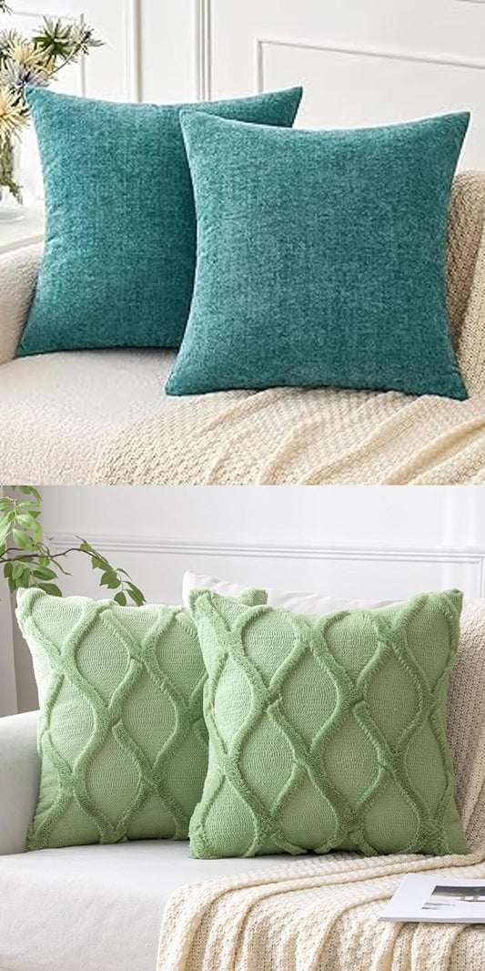 Set of 2 Chenille Pillow Covers Teal Bundle Set of 2 Plush Faux Wool Pillow Covers Sage Green 18X18 Inch