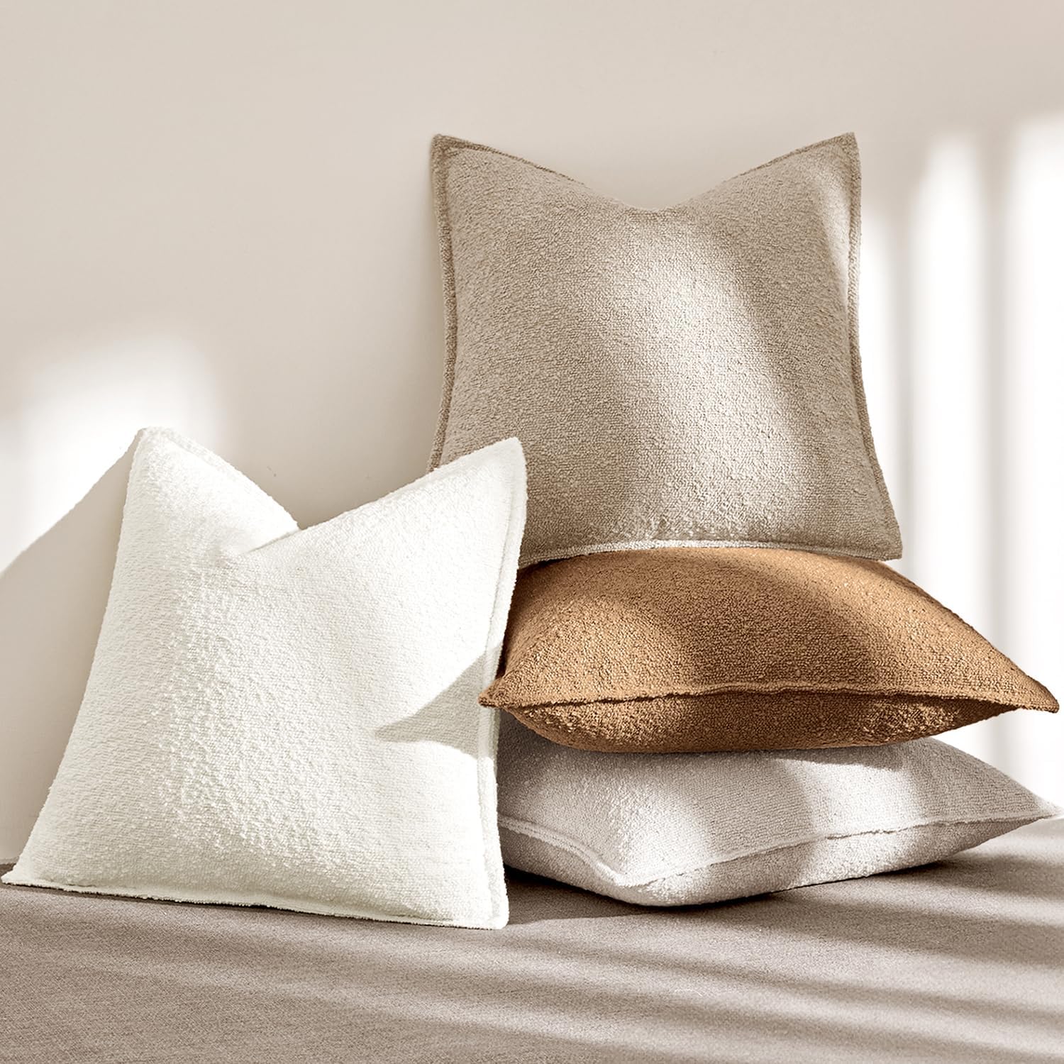 Pack of 2 Decorative Textured Boucle Throw Pillow Covers 18X18 Inch Oatmeal Broadside Thick Boho Pillows for Farmhouse Accents Sofa Couch Bedroom Living Room Home Decor