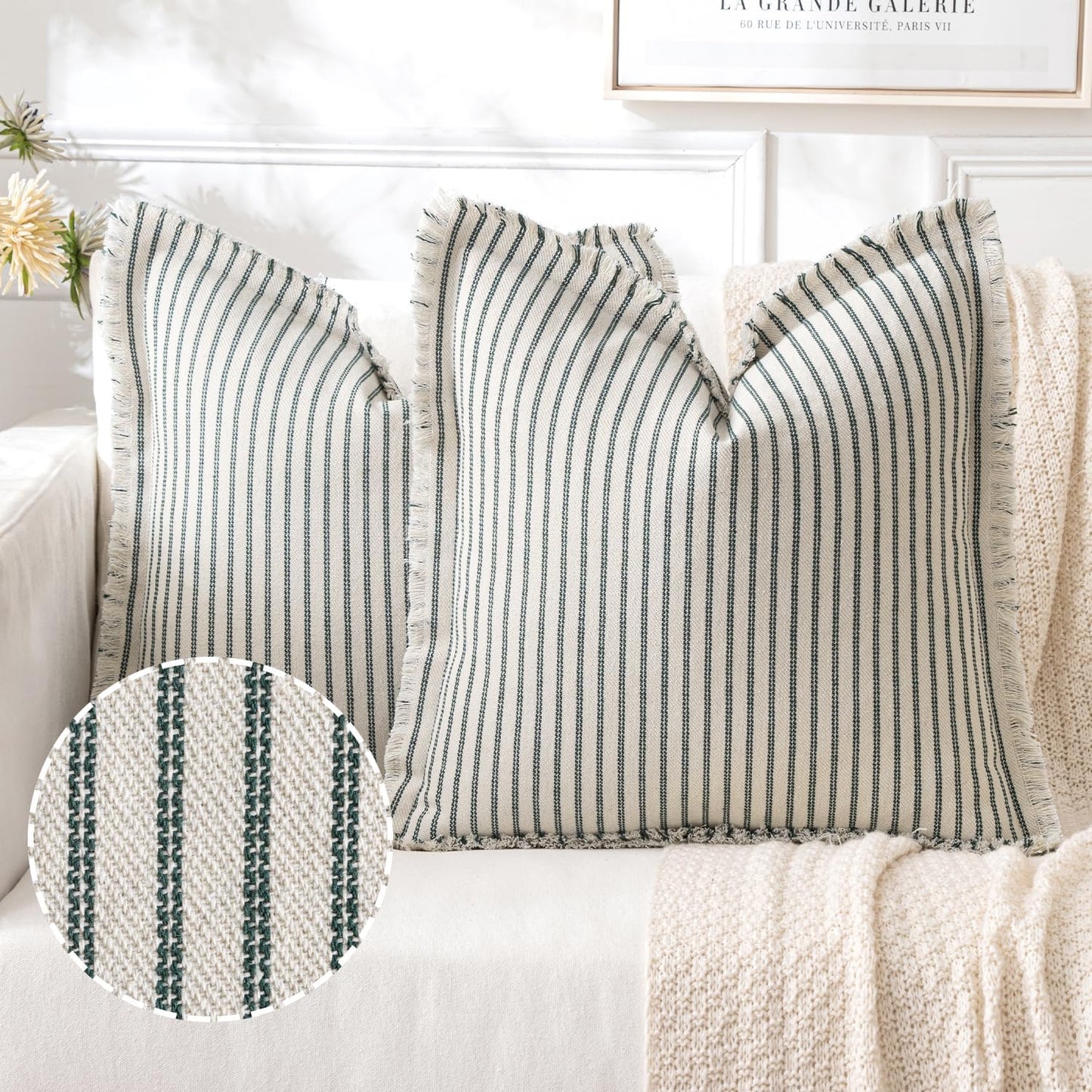 Pack of 2 Christmas Dark Green Pillow Covers 20X20 Inch Striped Farmhouse Couch Throw Pillow Covers with Fringe Chic Linen Decorative Cushion Covers for Sofa Living Room Bed Outdoor Home Decor