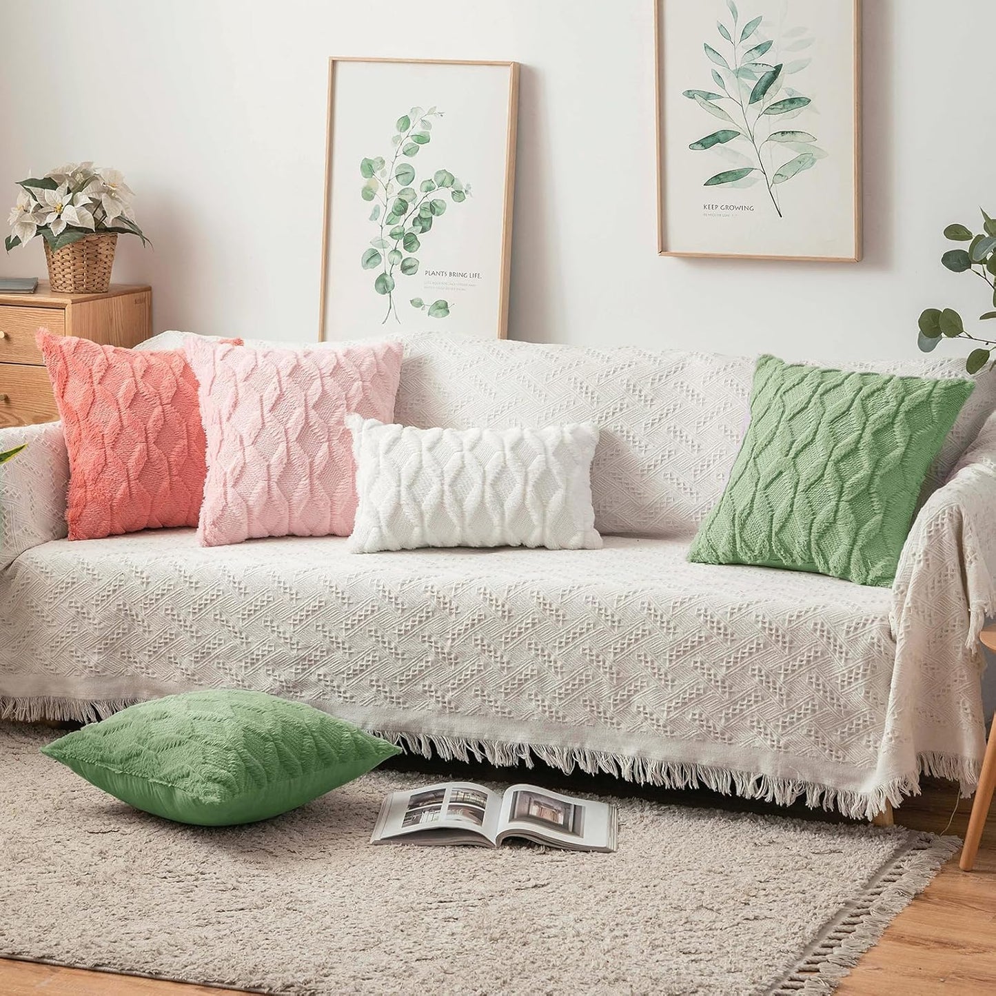 Sage Green Throw Pillow Covers 18X18 Inch, Soft Plush Faux Wool Couch Pillow Covers Set of 2 Decorative Farmhouse Boho Throw Pillows for Sofa Living Room Bed