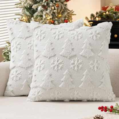 Christmas Throw Pillow Covers 18X18 Set of 2 Christmas Decorations Pure White Soft Plush Faux Fur Wool Xmas Tree Snowflakes Pillowcases Holiday Festivals Winter Home Decor Sofa Couch Bed Porch