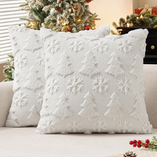 Christmas Throw Pillow Covers 18X18 Set of 2 Christmas Decorations Pure White Soft Plush Faux Fur Wool Xmas Tree Snowflakes Pillowcases Holiday Festivals Winter Home Decor Sofa Couch Bed Porch