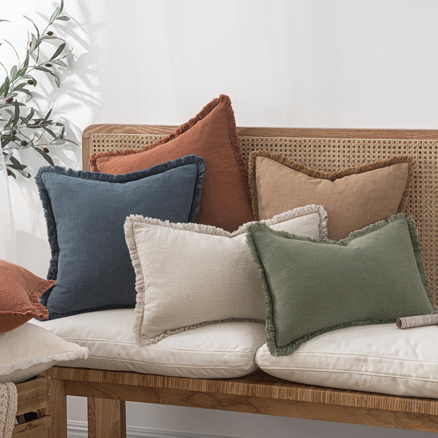 Decorative Throw Pillow Covers Neutral Linen Fringe Throw Pillows Set of 2 Brick Boho Farmhouse Cushion Covers with Tassels for Couch Sofa Bed Living Room Spring Home Decor 18X18 Inch