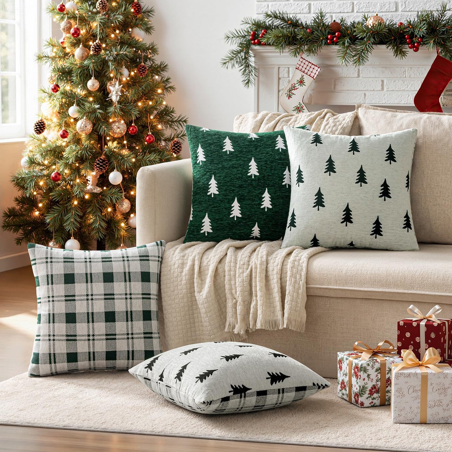 Christmas Decorative Chenille Throw Pillow Covers, 18X18 Inch, White Dark Green Tree, Set of 2 Cute Trees with Plaid Patterns Pillows for Sofa Couch Bedroom Chair Xmas Home Decor
