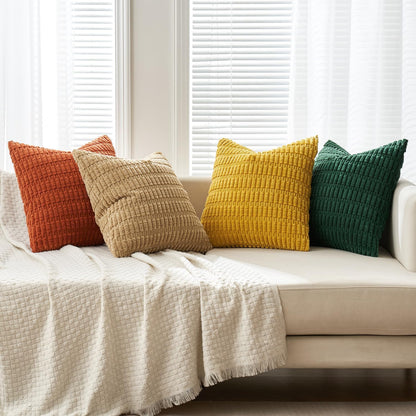 Pack of 4 Boho Farmhouse Yellow and Orange Corduroy Decorative Throw Pillow Covers 18X18 Inch Modern Retro Soft Striped Pillow Covers Home Decor for Sofa Living Room Couch Bed