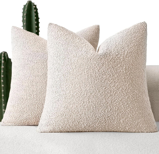 18X18 Inch Decorative Pillow Covers for Couch Bed Set of 2 Textured Boucle Neutral Throw Pillows Natural Beige Accent Solid Cushion Pillowcase Cozy Soft Sofa Livingroom Home Decor