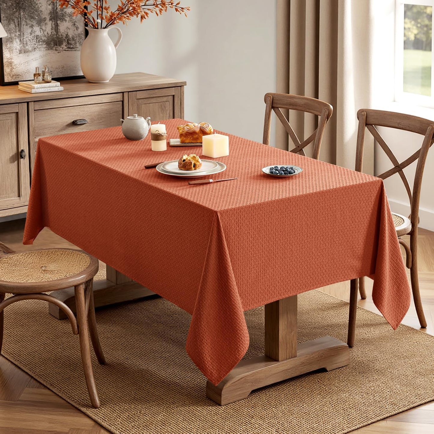 Fall Tablecloth Burnt Orange Linen Cottton Table Cloth Rectangle Waterproof Spillproof Cross-Star Textured Decorative Farmhouse Style for Dining Party Weddings 52X70 Inch