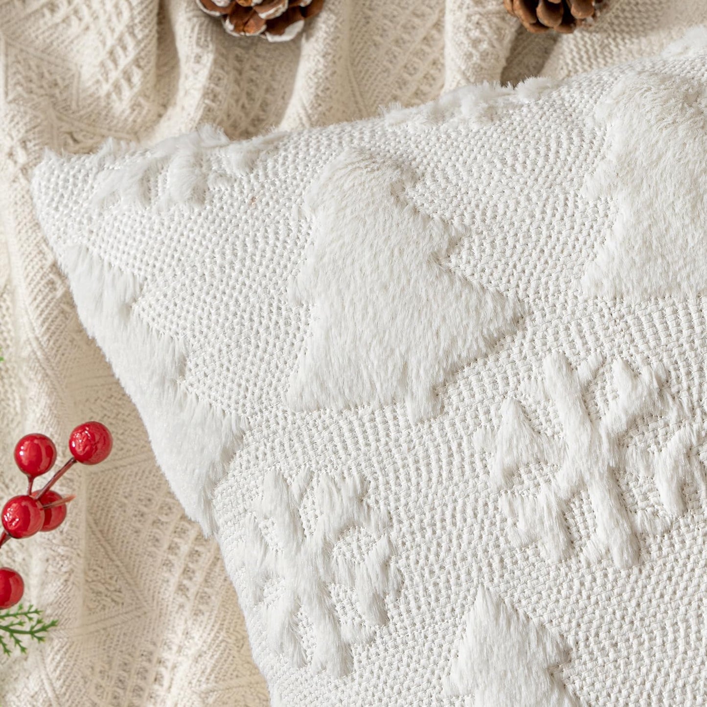 Christmas Throw Pillow Covers 18X18 Set of 2 Christmas Decorations Pure White Soft Plush Faux Fur Wool Xmas Tree Snowflakes Pillowcases Holiday Festivals Winter Home Decor Sofa Couch Bed Porch