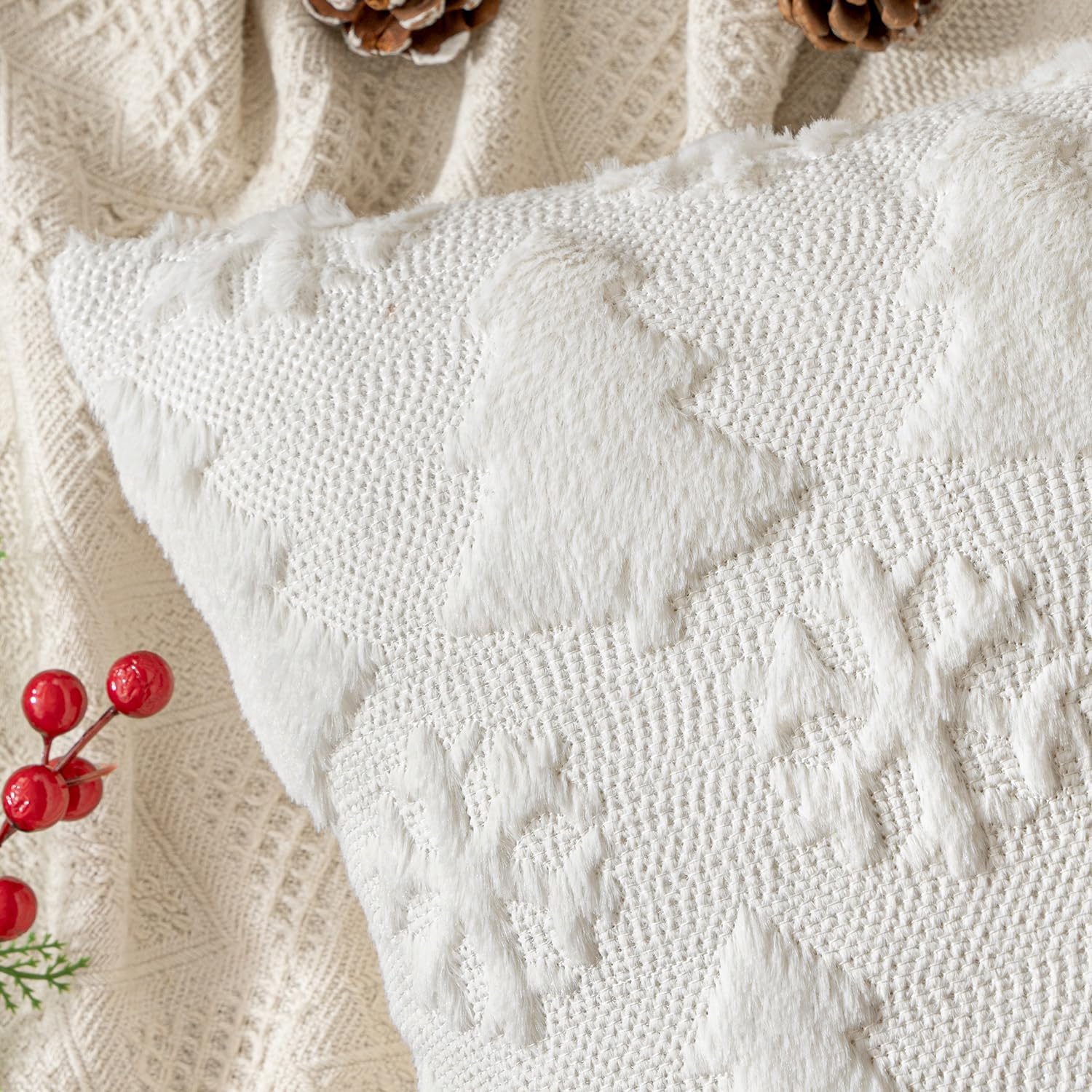 Christmas Throw Pillow Covers 18X18 Set of 2 Christmas Decorations Pure White Soft Plush Faux Fur Wool Xmas Tree Snowflakes Pillowcases Holiday Festivals Winter Home Decor Sofa Couch Bed Porch