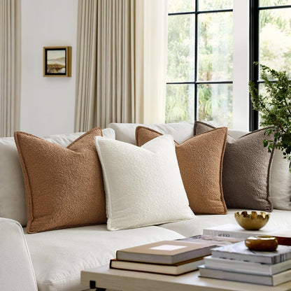 Pack of 2 Decorative Textured Boucle Throw Pillow Covers 18X18 Inch Brown Broadside Thick Boho Pillows for Farmhouse Accents Sofa Couch Bedroom Living Room Home Decor