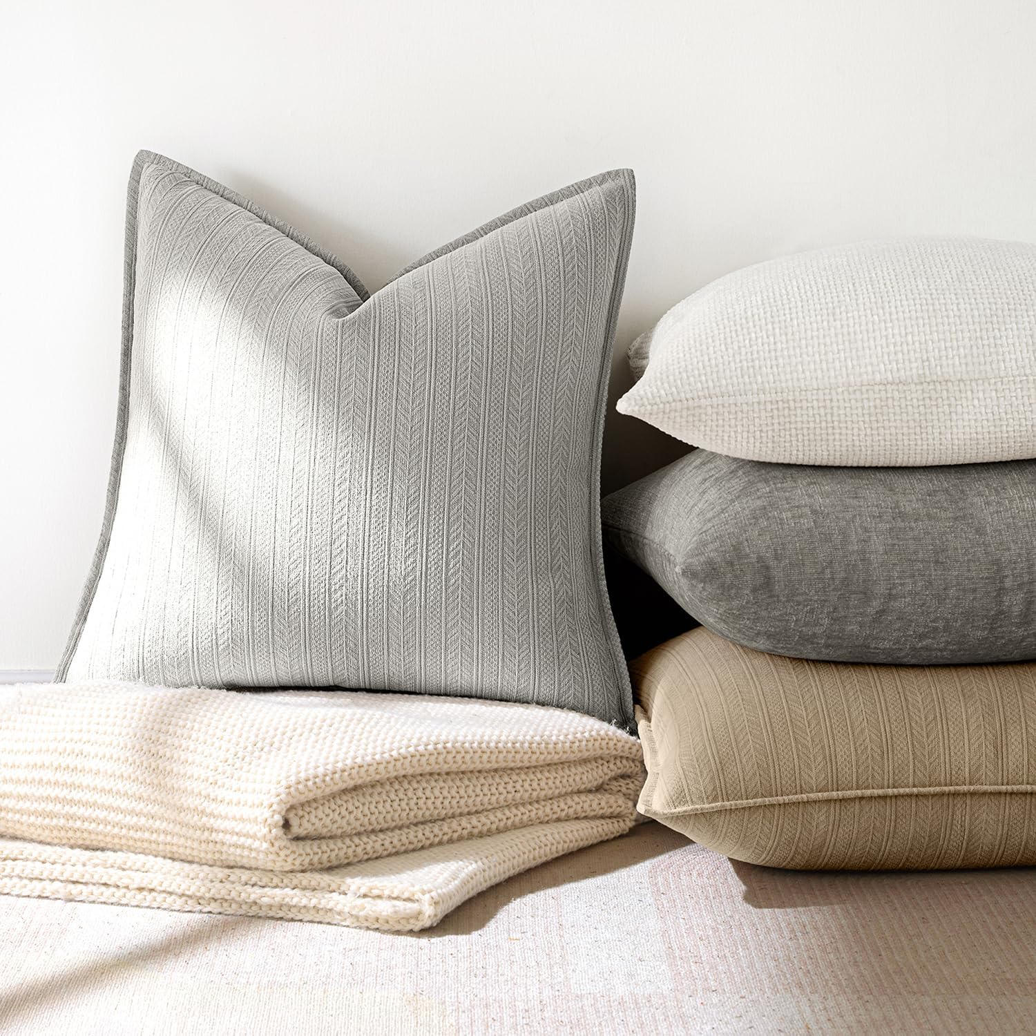 20X20 Inch Grey Decorative Couch Pillow Covers Set of 2 Chenille Throw Pillow Covers Farmhouse Cushion Cases with Elegant Design for Home Decor Sofa Bedroom Living Room