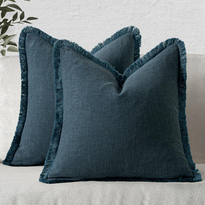 Decorative Throw Pillow Covers Neutral Linen Fringe Throw Pillows Set of 2 Navy Blue Boho Farmhouse Cushion Covers with Tassels for Couch Sofa Bed Living Room Spring Home Decor 18X18 Inch