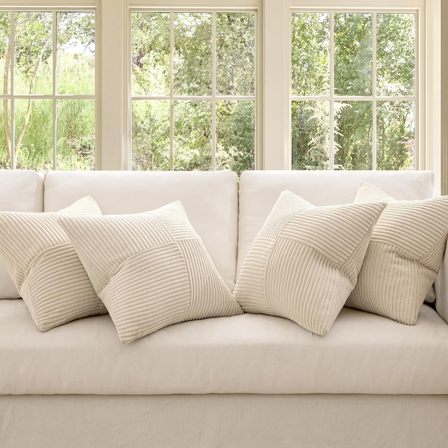 Beige Throw Pillow Covers 16X16 Inch Set of 4 Boho Patchwork Cushion Cases Modern Farmhouse Pillow Cases with Invisible Zipper Corduroy Striped Home Decor for Couch Sofa Bedroom