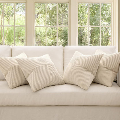 Beige Throw Pillow Covers 16X16 Inch Set of 4 Boho Patchwork Cushion Cases Modern Farmhouse Pillow Cases with Invisible Zipper Corduroy Striped Home Decor for Couch Sofa Bedroom