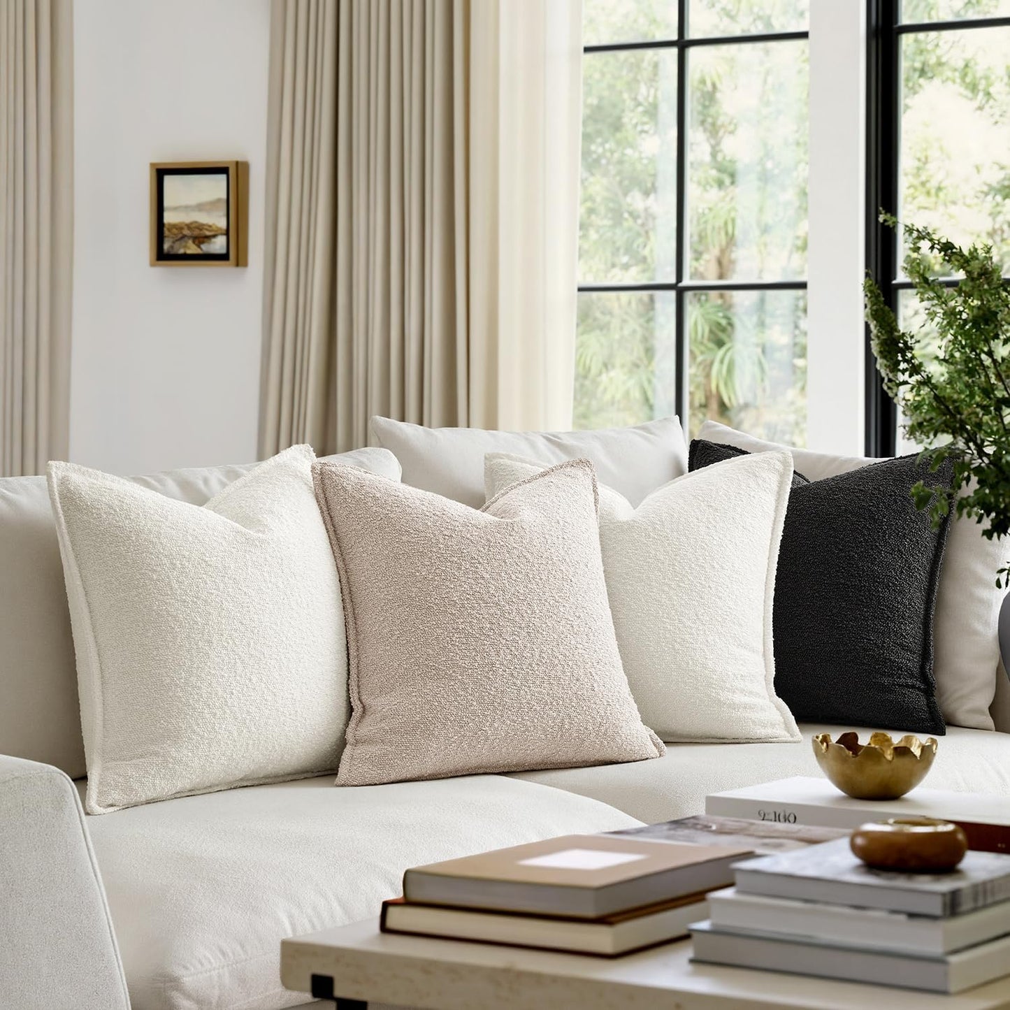 Pack of 2 Decorative Textured Boucle Throw Pillow Covers 18X18 Inch Natural Beige Broadside Thick Boho Pillows for Farmhouse Accents Sofa Couch Bedroom Living Room Home Decor