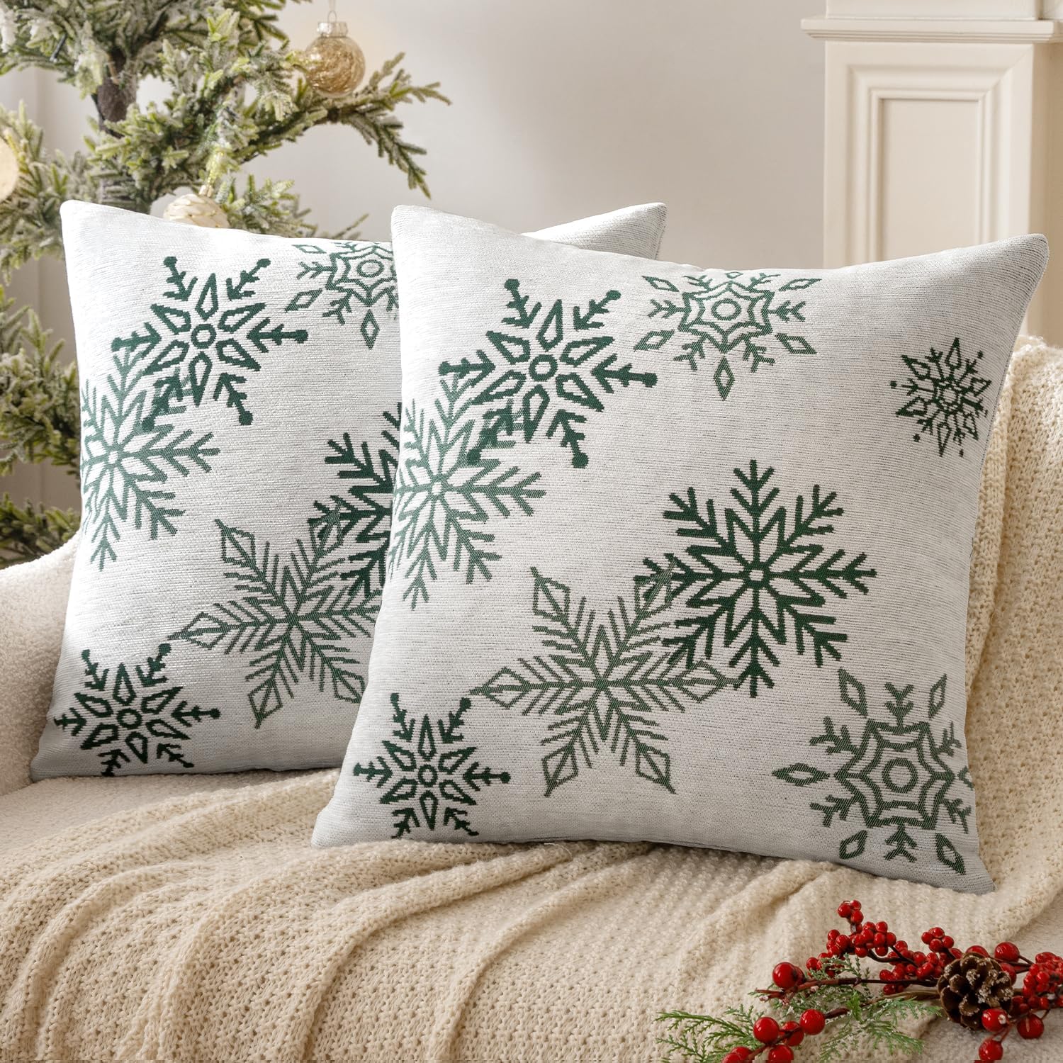 Christmas 2 Pack White and Green Chenille Throw Pillow Covers Soft Pillow Cases with Snowflake Embroidery Morden for Holiday Decoration Sofa Couch Bedroom Home Decor,18X18 Inch