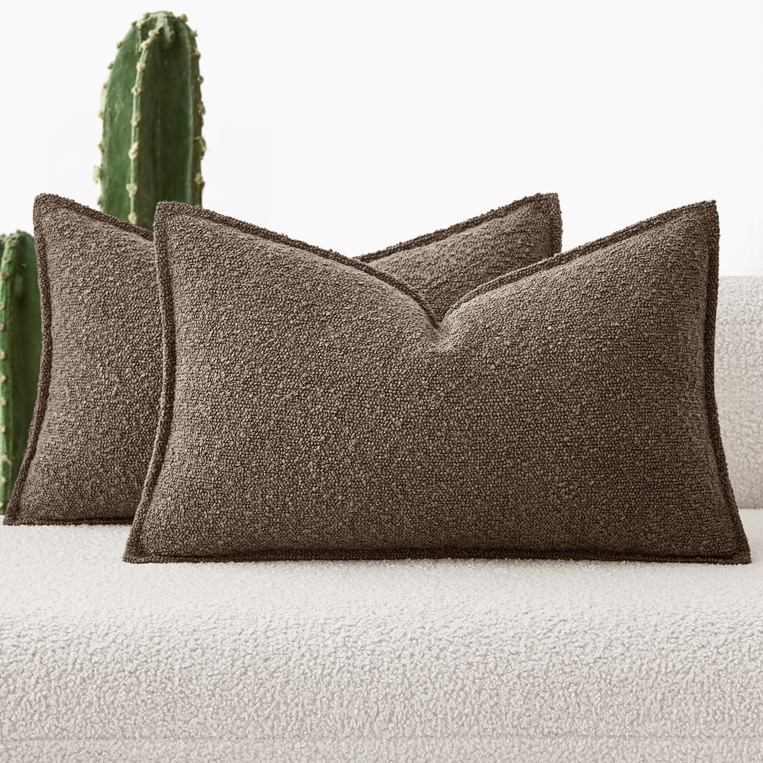 Pack of 2 Decorative Textured Boucle Throw Pillow Covers 12X20 Inch Dark Brown Broadside Thick Boho Lumbar Pillows for Farmhouse Accents Sofa Couch Bedroom Living Room Home Decor