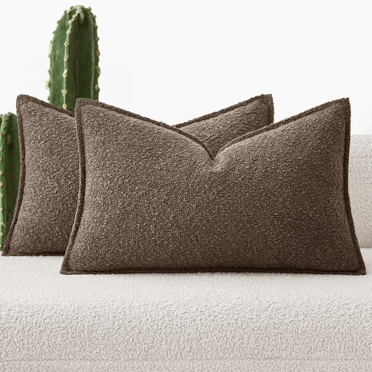 Pack of 2 Decorative Textured Boucle Throw Pillow Covers 12X20 Inch Dark Brown Broadside Thick Boho Lumbar Pillows for Farmhouse Accents Sofa Couch Bedroom Living Room Home Decor