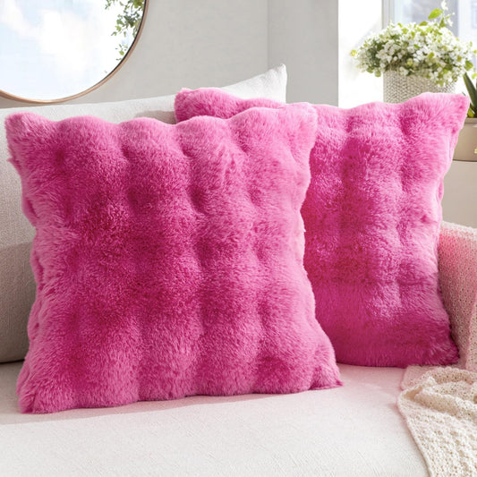 Pack of 2 Decorative Pillow Covers Thick Soft Plush Faux Fur Throw Pillows Luxury Home Decor for Couch Bedroom Living Room Sofa,20X20 Inch Hot Pink