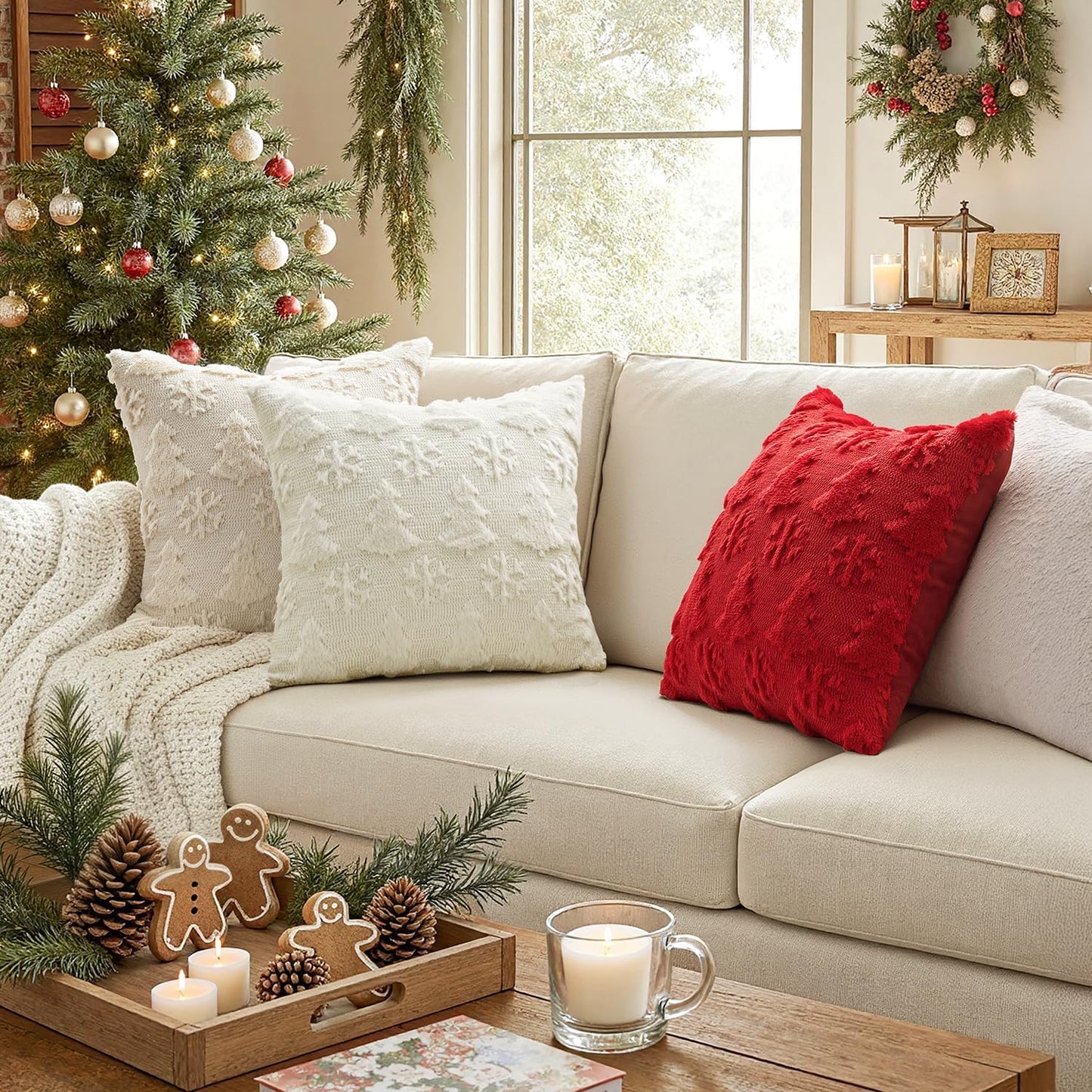 Christmas Throw Pillow Covers 18X18 Set of 2 Christmas Decorations Cream White Soft Plush Faux Fur Wool Xmas Tree Snowflakes Pillowcases Holiday Festivals Winter Home Decor Sofa Couch Bed Porch