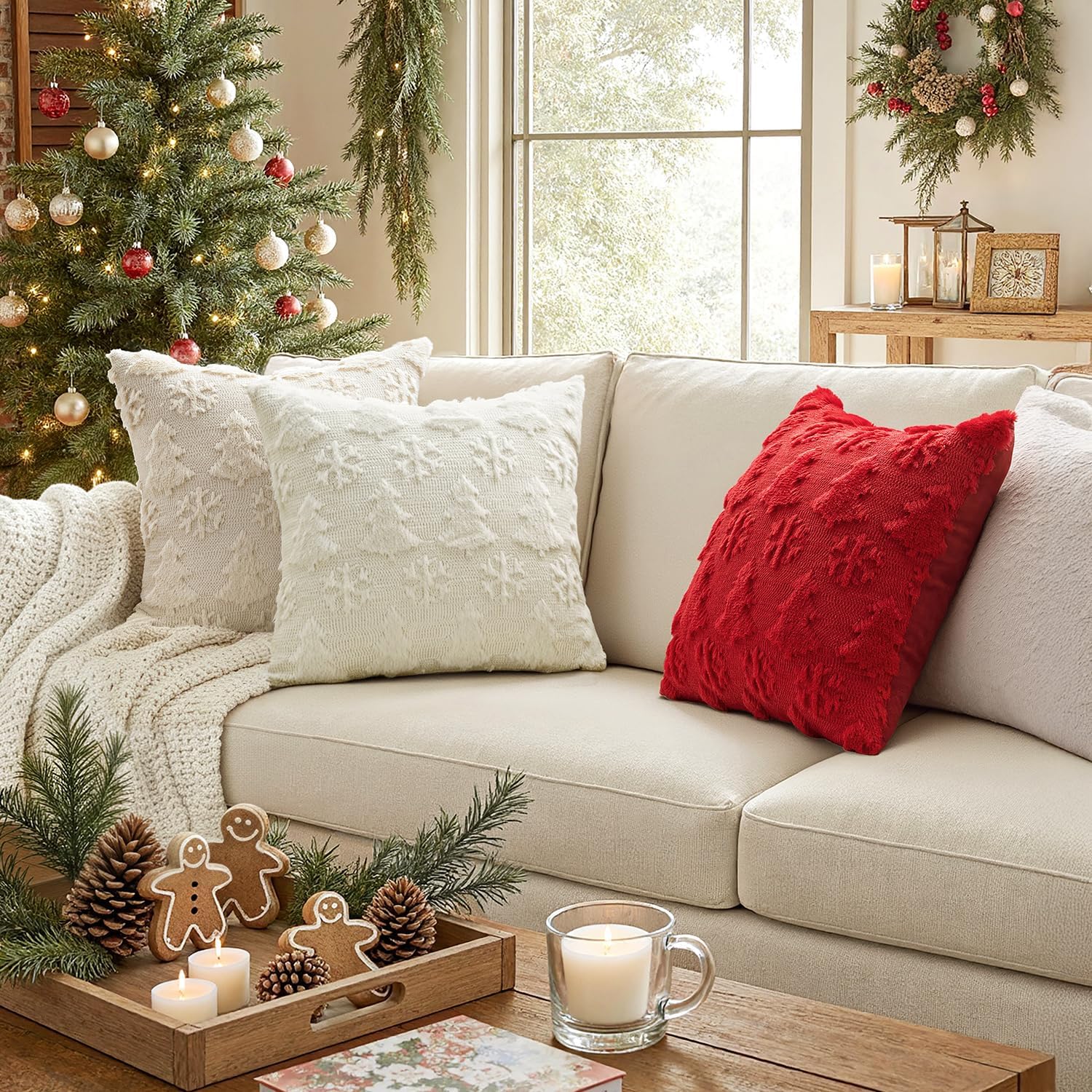 Christmas Throw Pillow Covers 18X18 Set of 2 Christmas Decorations Cream White Soft Plush Faux Fur Wool Xmas Tree Snowflakes Pillowcases Holiday Festivals Winter Home Decor Sofa Couch Bed Porch