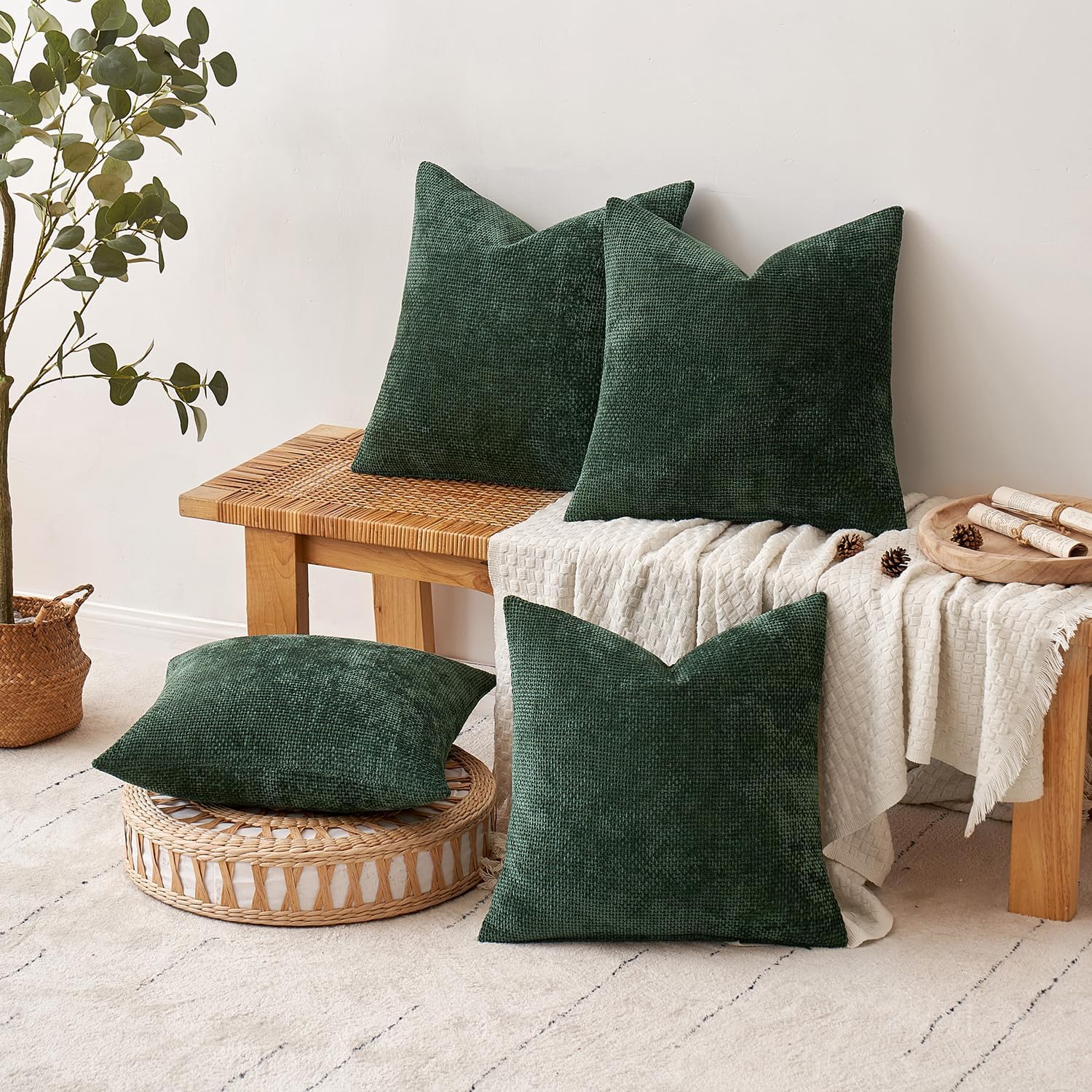 Christmas Green Pack of 4 Couch Throw Pillow Covers 18X18 Inch Soft Decorative Chenille Pillow Covers Farmhouse Accent Cushion Covers for Boho Home Decor Sofa Bedroom Living Room