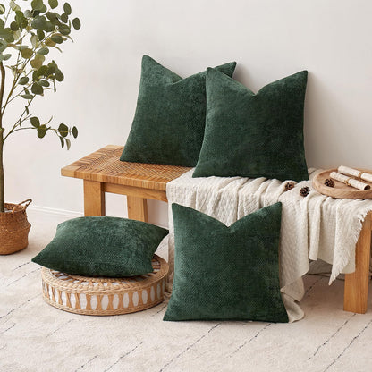 Christmas Green Pack of 4 Couch Throw Pillow Covers 18X18 Inch Soft Decorative Chenille Pillow Covers Farmhouse Accent Cushion Covers for Boho Home Decor Sofa Bedroom Living Room
